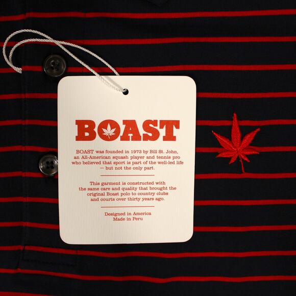 BOAST USA Men Medium Classic Jersey Striped Polo Shirt Navy Red Cotton Leaf Logo - Picture 7 of 14